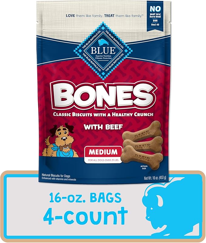 Blue Buffalo Bones Natural Crunchy Dog Treats Medium Dog Biscuits Beef, 16oz. Bag, 4 Count