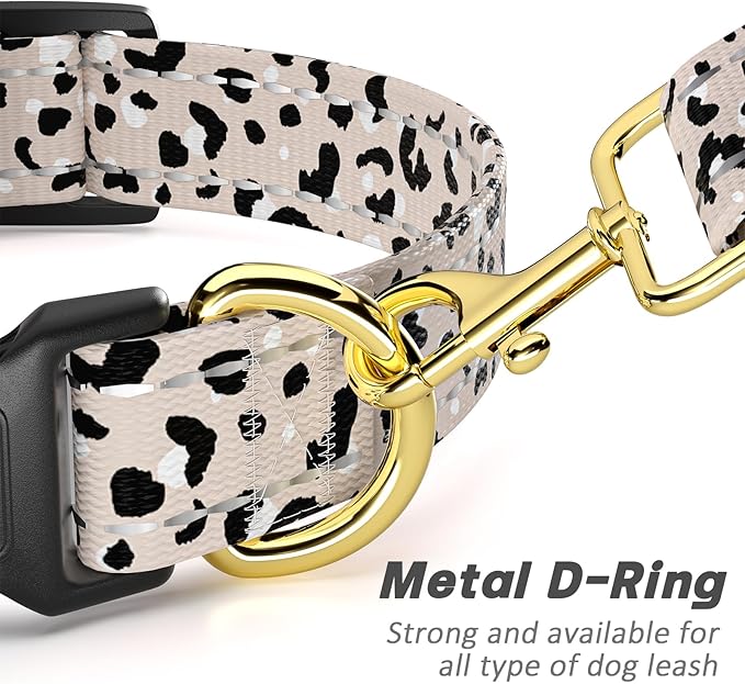 Reflective Dog Collar for Large Dogs, Cute Leopard Style Adjustable Heavy-Duty Nylon Puppy Collar for Boy and Girl Female, Soft Pet Accessories with Quick Release Buckle, Beige