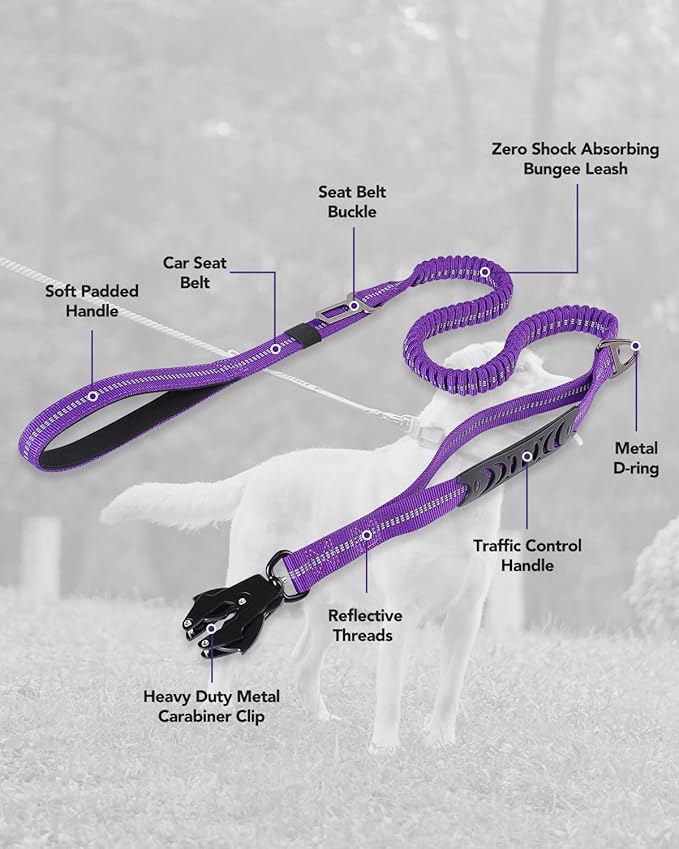 Joytale Tactical Dog Leash Heavy Duty, 4-6FT Shock Absorbing Bungee Lead with 2 Padded Handle, Metal Carabiner Clip, Car Seatbelt, Strong No Pull Leash for Medium Large X-Large Dogs, Purple