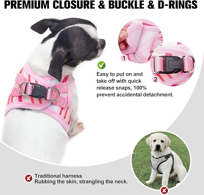 BEAUTYZOO Dog Harness and Leash Set for Small Dogs,No Pull Step-in Harness for Puppy XS S Sized Dogs and Cats,Air Mesh Adjustable Breathable Soft No Chock Escape Proof Vest Harnesses,Striped Pink S