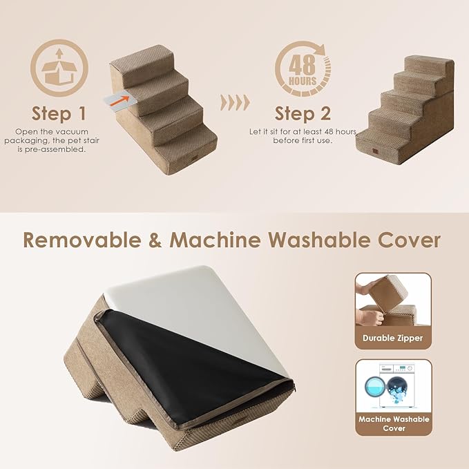 EHEYCIGA Dog Stairs for High Bed 22.5”H, 5-Step Dog Steps for Bed, Pet Steps for Small Dogs and Cats, Non-Slip Balanced Pet Ramp Indoor, Camel