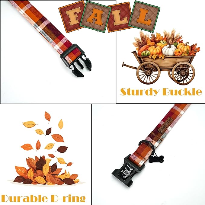Elegant little tail Fall Dog Collar, Plaid Puppy Collars Fall Yellow Male Cute Puppy Adjustable Cotton Pet Collar with Quick Release Buckle for Small Medium Large Dogs