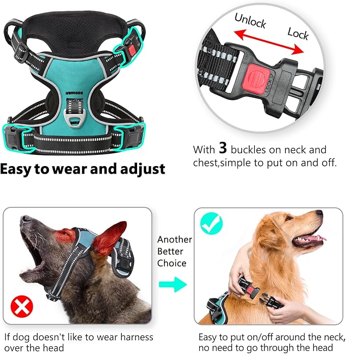 Timos Dog Harness, No-Pull Pet Harness with 2 Leash Clips, 3 Snap Buckles Adjustable Soft Padded Dog Vest, Reflective No-Choke Pet Oxford Vest with Easy Control Handle for Small Medium Large Dogs