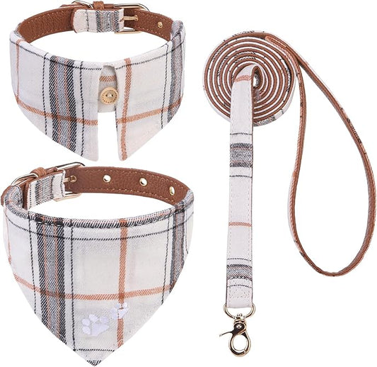 EXPAWLORER Dog Collar and Leash Set - Embroidery Pawprints Plaid Medium Dog Collar and Leash Set, Cute Dog Bandana Collar, Dog Collars for Small Medium Dogs Cats Girl Boy, Cream Medium