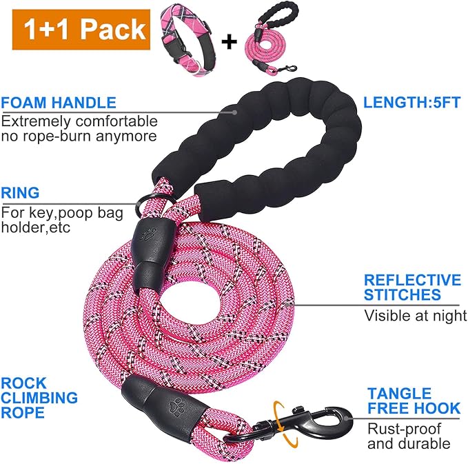 Nylon Dog Collar Soft Neoprene Padded Adjustable Dog Collars for Small Medium Large Dogs (S Neck 12"-15.5", Pink)