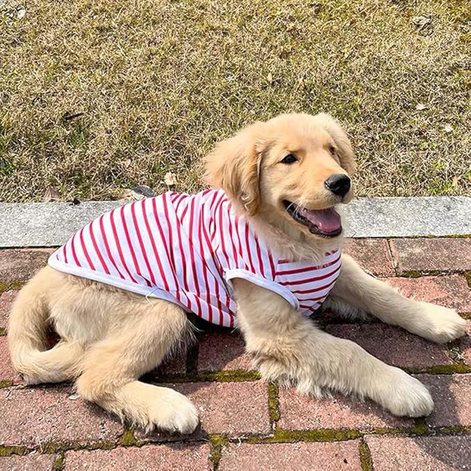 ANIAC Summer Large Dog Shirt for Girl Boy Red White Striped Cotton Dog T-Shirt Breathable Basic Tank Top Sleeveless Doggy Vest Cooling Pet Clothes for Big Dog 44-55 LB (Red-1, 5XL)