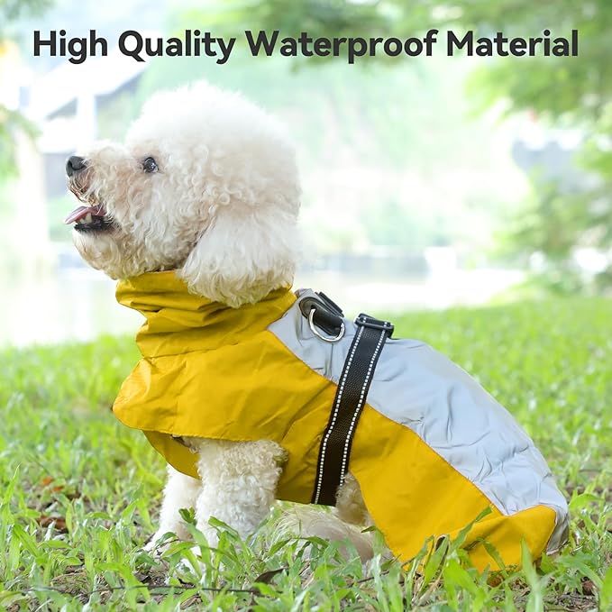 Dog Raincoat with Harness Built in,Outdoor Waterproof Puppy Rain Jacket for Small Dogs,Adjustable Waist by Strap Doggie Rain Coats,Yellow S