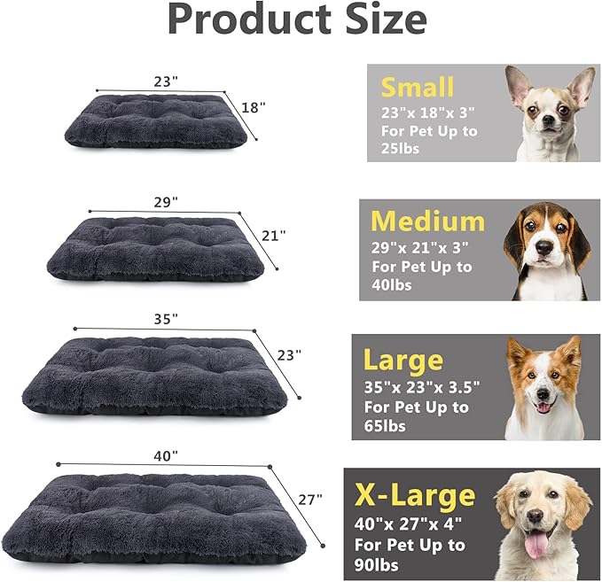 JOEJOY Large Dog Bed Crate Pad, Deluxe Plush Washable Dog Beds Fulffy Soft Kennel Pad Anti-Slip Pet Sleeping Mat for Large Medium Small Dogs, 35" x 21", Grey