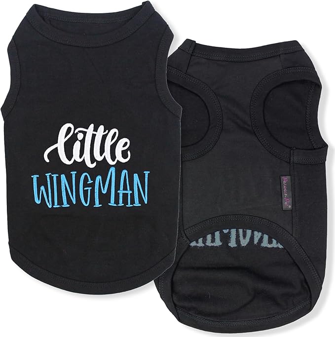 Parisian Pet Embroidered 'Little Wingman' Sleeveless Black Dog Tee - Pure Cotton, Lightweight, Machine Washable - XL