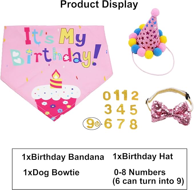 ADOGGYGO Dog Birthday Bandana Scarf and Dog Girl Birthday Party Hat with Cute Bow Tie for Extra Large Dogs Pets (X-Large)