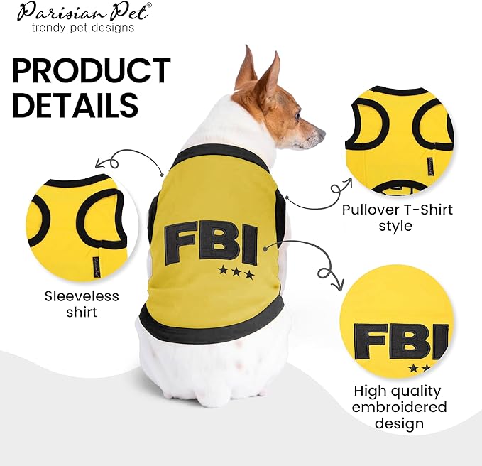 Parisian Pet Dog T-Shirt - Embroidered FBI Shirt - 100% Cotton, Breathable Dog Clothes - Sleeveless Pet Vest - Machine Washable Yellow Dog Shirts for Large Dogs - 3XL