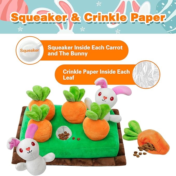 Easter Dog Toys, Hide and Seek Dog Toy, Squeaky Interactive Puzzle Dog Toys for Boredom and Stimulation, Easter Dog Gift for Small and Medium Dogs (Carrots & Rabbits, Pack of 7)