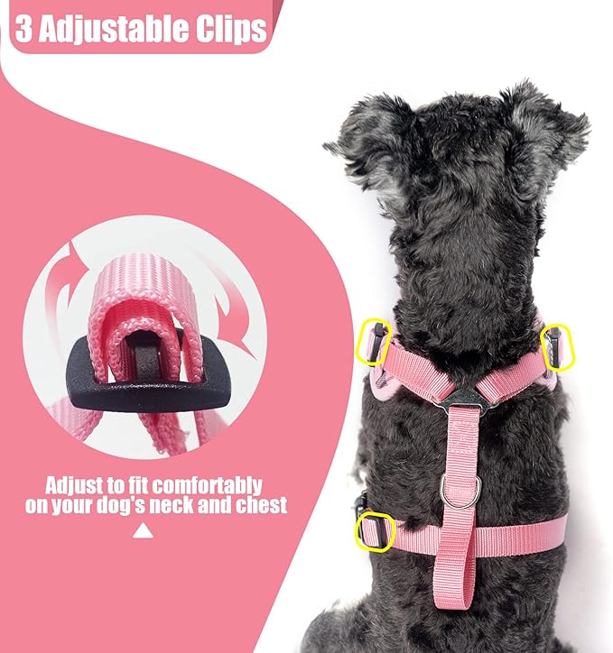 PUPTECK Dog Harness and Leash Collar Set for Small Medium Dogs Puppy and Cats Walking No Pull Adjustable Reflective Soft Mesh Padded Plaid Harnesses Pet Accessories, Pink, L