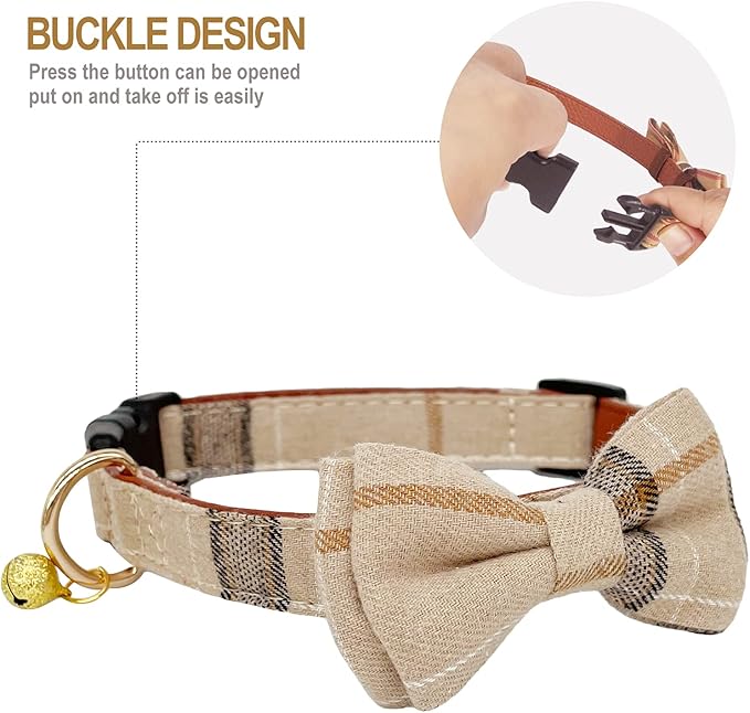 KUDES 2 Pack/Set Dog Collars with Bow Tie and Bells, Adjustable Cute Dog Bow Ties Collar for Small/Medium/Large Boys and Girls Pets (Beige & Brown, M(11.8''-17.8''))