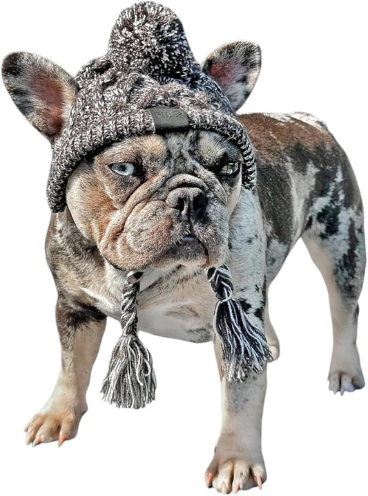Knitted Dog Hat with Ear Holes & Adjustable Chin Strap - Warm & Snug Fit Dog Beanie for French Bulldog - Light & Soft Yarn Dog Hats - Stylish Dog Accessories & Clothes - Beanies for Dogs(Gray, Large)