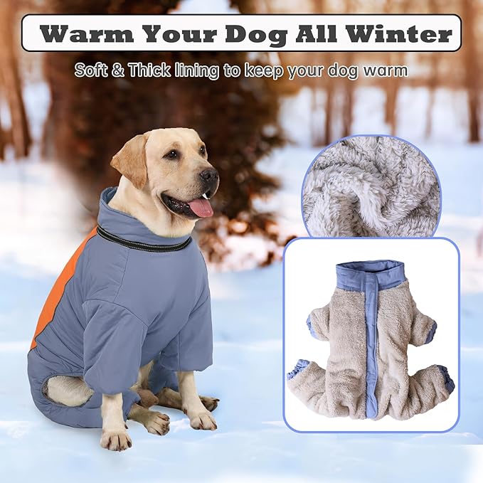 Fullbody Winter Coat, Thick Ultra Warm Zip Up Snow Jacket, Reflective Outdoor Windproof Snowsuit With Harness for Dogs, HazeBlue, 26