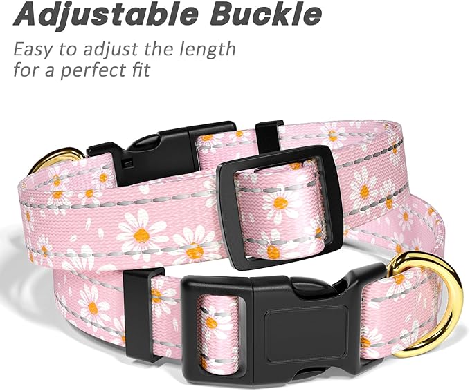 Reflective Dog Collar for Large Dogs, Cute Daisy Theme Adjustable Heavy-Duty Nylon Puppy Collar for Boy and Girl Female, Soft Pet Accessories with Quick Release Buckle, Neck 16-24", Pink