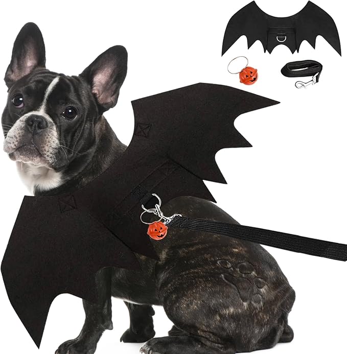 Dog Bat Wings Costume Halloween Pet Costume 3PCS Funny Cat Dog Wings with Leash Pumpkin Jingle Bell Cosplay Bat Clothes for Small Medium Large Dogs Puppy Holiday Outfit Dress (Bat Wings, Large)