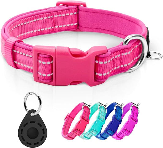 azuza Reflective Dog Collar with Airtag Holder, Soft Neoprene Padded Pet Collar with ID Tag Ring, Adjustable for Large Dogs,Hot Pink,L