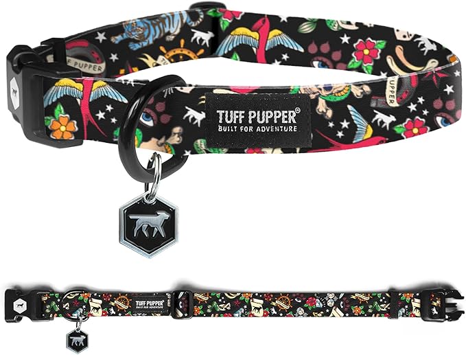 Tuff Pupper Premium Adjustable Dog Collar for Medium Boy Dogs, Stylish Pattern Collars Designed in USA, Quick Release Buckle, RebelBlack Print for Male Dogs, Medium (1 Inch Wide x 13-18 Inch Neck)