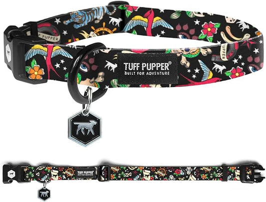 Tuff Pupper Premium Adjustable Dog Collar for Small Boy Dogs, Stylish Pattern Collars Designed in USA, Quick Release Buckle, RebelBlack Print for Male Dogs, Small (0.7 Inch Wide x 8-12 Inch Neck)