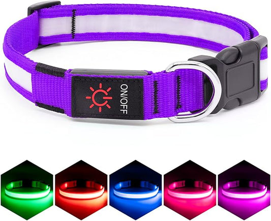 VIZPET LED Dog Collar, Light Up Dog Collar Adjustable USB Rechargeable Super Bright Safety Light Glowing Collars for Dogs (Purple, Medium[14.96-19.68 inch/38-50cm])