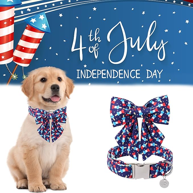 Patriotic Bow Tie Collar for Puppy to Cat - American Flag Design, Comfortable Summer Collar with Metal Buckle, XS, 8-12in Neck