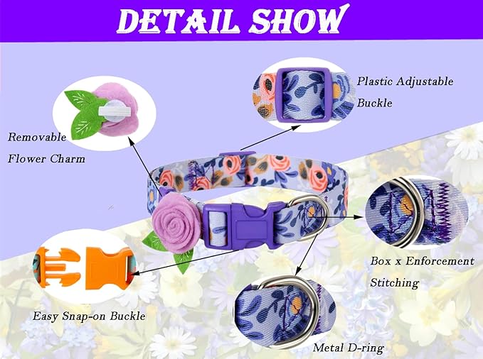 2 Pack Spring Dog Collar for Small Dogs, Quick Release Floral Dog Collar Girl with Flower Bow