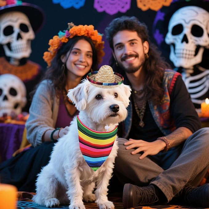 PUPTECK Mexican Day of The Dead Dog Bandana Outfit Scarf with Cute Doggy Sombrero Hat, Costume Decorations Supplies for Small Medium Large Dogs Boy Girl Gifts, Colorful