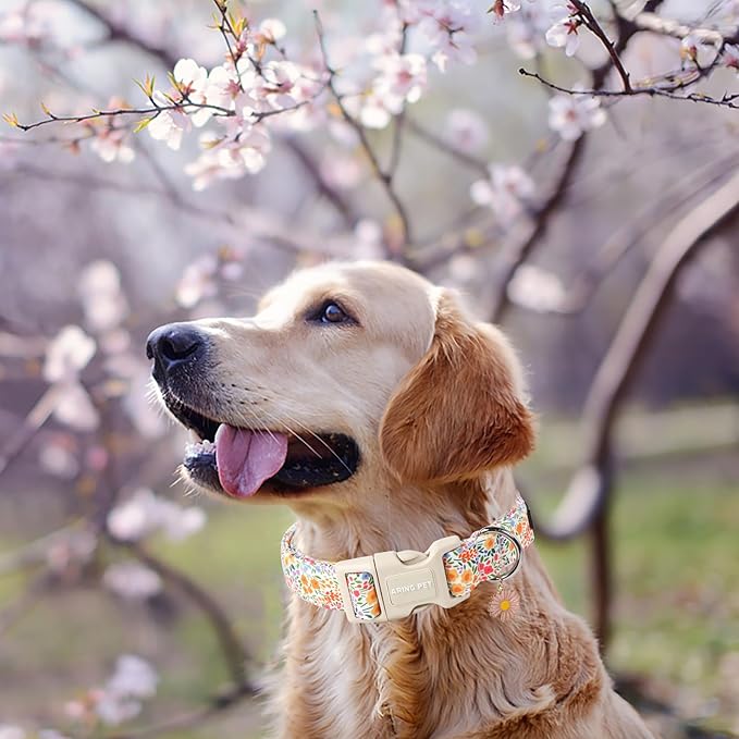 ARING PET Medium Floral Dog Collar - Adjustable Cotton, Reflective, Airtag Compatible