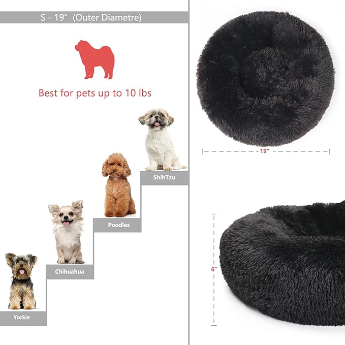 nononfish Puppy Beds for Small Dogs Washable 19" Black Calming and Anxiety Pet Beds Fluffy and Plush Durable Small Dog Bed