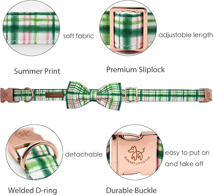 Elegant Little Tail Dog Collar with Bow - Pink with Green Plaid, Cute Bowtie, Adjustable for X-Large Dogs