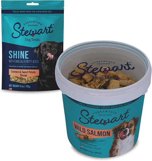 Stewart Freeze Dried Raw Dog Treats, Salmon Variety Pack (Wild Salmon 9.5 Ounce + Shine Salmon & Sweet Potato 4 Ounce), High Protein, Training Treats or Meal Topper