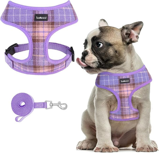 SCENEREAL Puppy Dog Harness with Leash Set for Small Medium Sized Dogs, Soft Mesh Step in Pet Harnesses and Leash, No Chock Plaid Adjustible No Pull Vest for Dogs Cats, Chihuahua,Bulldog (Purple M)