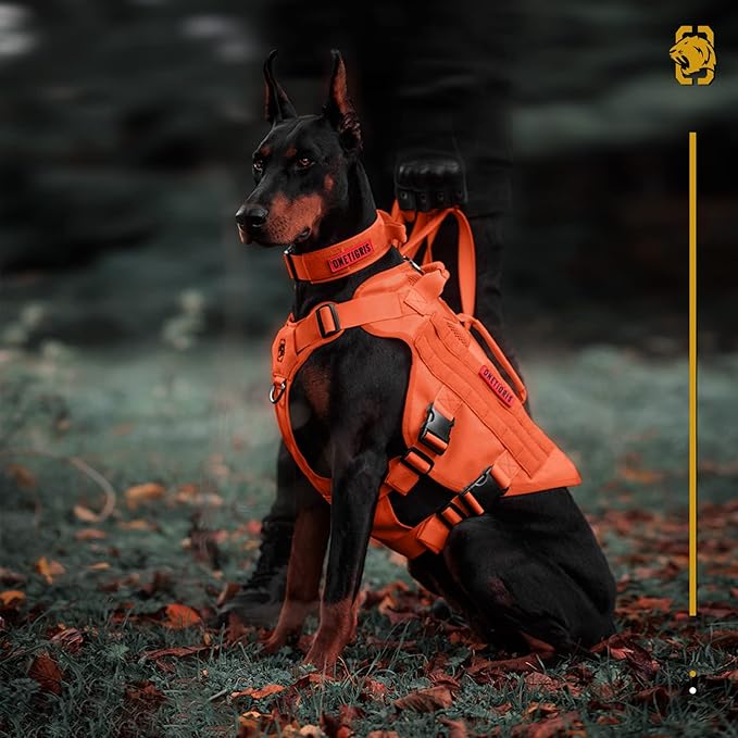 OneTigris Mesh Design Tactical No Pull Dog Harness for Large Dog, Breathable Service Dog Vest Harness with Handle, Military Dog Harness with Molle Panels for Walking Hiking Training (Orange, X-Large)