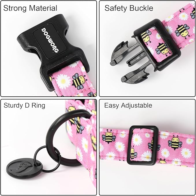 DOGWONG Pink Dog Collar, Female Dog Collar Durable Soft Natural Fabric Pet Girl Dog Collar Cute Daisy Puppy Necklace for Small Medium Large Dog