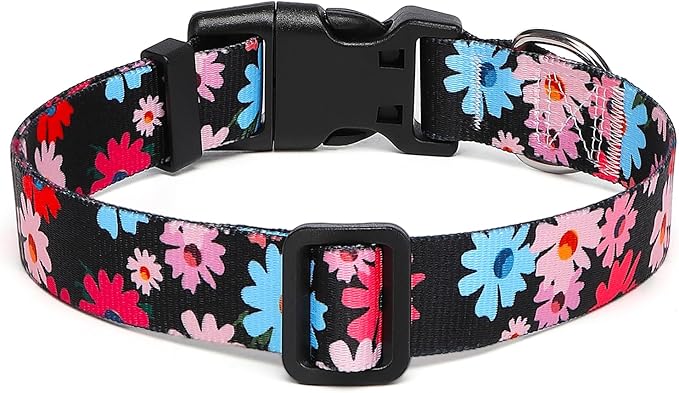 Adjustable Dog Collar with Patterns, Ultra Comfy Soft Nylon Breathable Pet Collar for Small Medium Large Dogs (M, Floral Pink Blue)