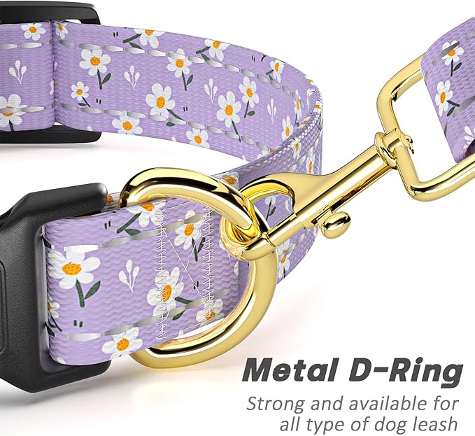 Reflective Dog Collar for Large Dogs, Cute Flower Theme Adjustable Heavy-Duty Nylon Puppy Collar for Boy and Girl Female, Soft Pet Accessories with Quick Release Buckle, Purple White