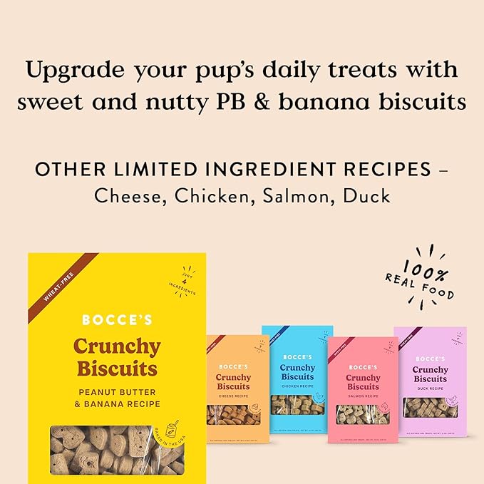 Bocce's Bakery Oven Baked PB & Banana Recipe Treats for Dogs, Wheat-Free Dog Treats, Made with Real Ingredients, Baked in The USA, All-Natural Peanut Butter & Banana Biscuits, 14 oz