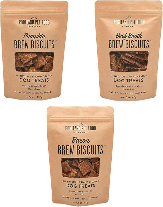 CRAFTED BY HUMANS LOVED BY DOGS Portland Pet Food Company Brew Biscuit Dog Treats (3 x 5 oz Bags Variety Pack) – Mixed Flavors –All Natural, Human-Grade, USA-Sourced and Made