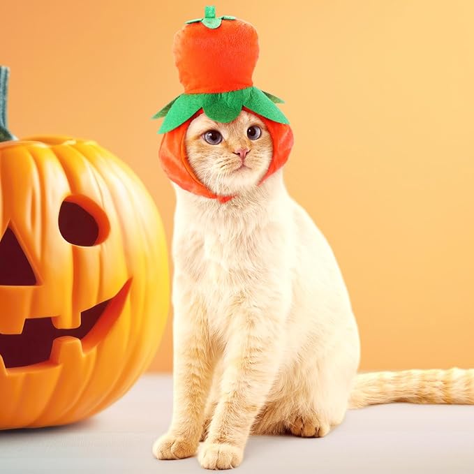 4 Pcs Cat Halloween Pumpkin Costume Dog Pumpkin Hat Adjustable Pet Headdress Cute Cap Headwear for Halloween Party Cosplay Costume Puppy Kitten Dress up Accessories