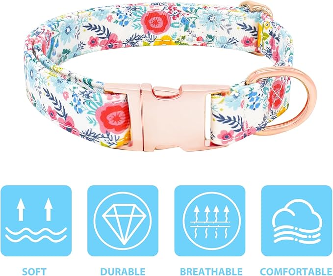 Dog Collar and Leash Set Girls Adjustable Puppy Collars with Floral Bow Tie for Small Medium Large Female Dogs, Teal Flower, L
