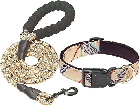 Nylon Dog Collar Soft Neoprene Padded Adjustable Dog Collars for Small Medium Large Dogs (M Neck 15.5"-18.5", Beige)