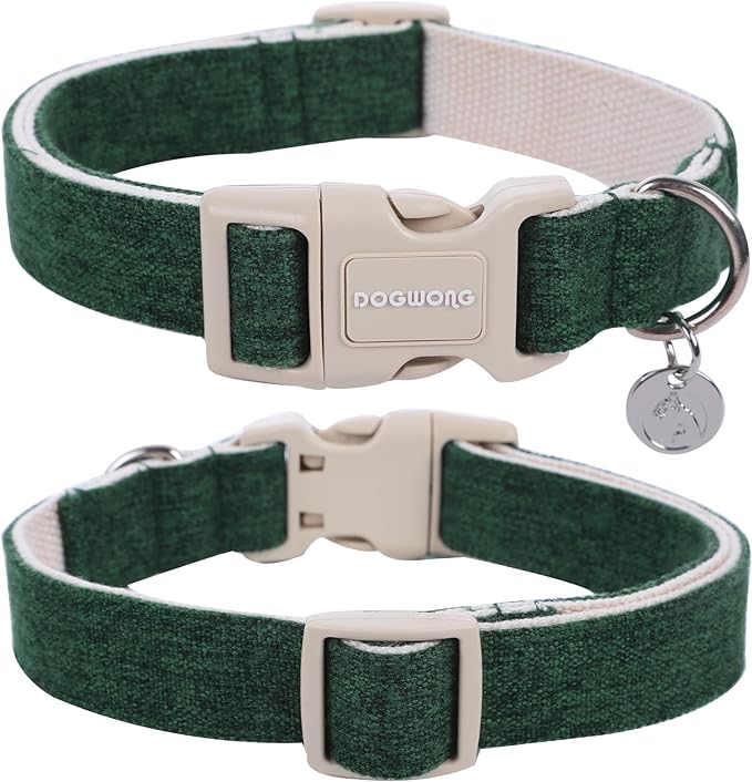 DOGWONG Cotton Hemp Dog Collar, Heavy-Duty Christmas Green Dog Collar Adjustable Soft Natural Fabric Pet Dog Collar Cute Holiday Puppy Necklace for Small Medium Large Dog