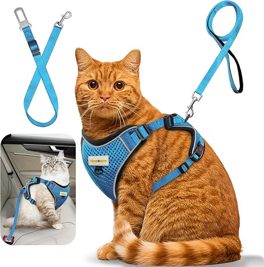 Cat Harness and Leash for Walking, Retractable Cat Harnesses and Leash Set Escape Proof, Breathable Soft Kitten Small Large Harness for Travel Training and Walking, Blue, XXS