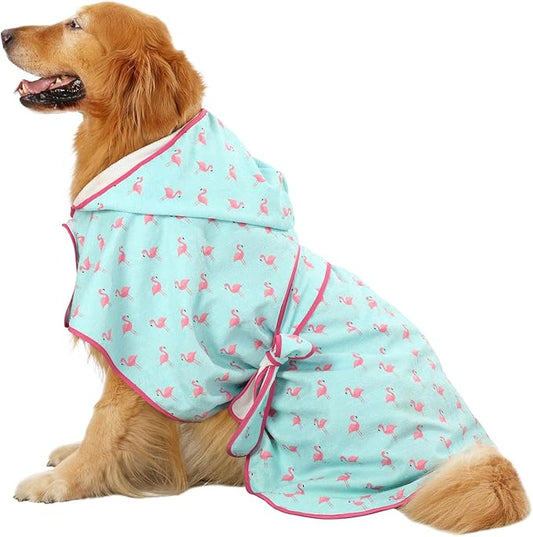 HDE Dog Bathrobe Super Absorbent Quick Drying Towel with Hood for All Dog Breeds Sizes S-XXL - Flamingos - XL
