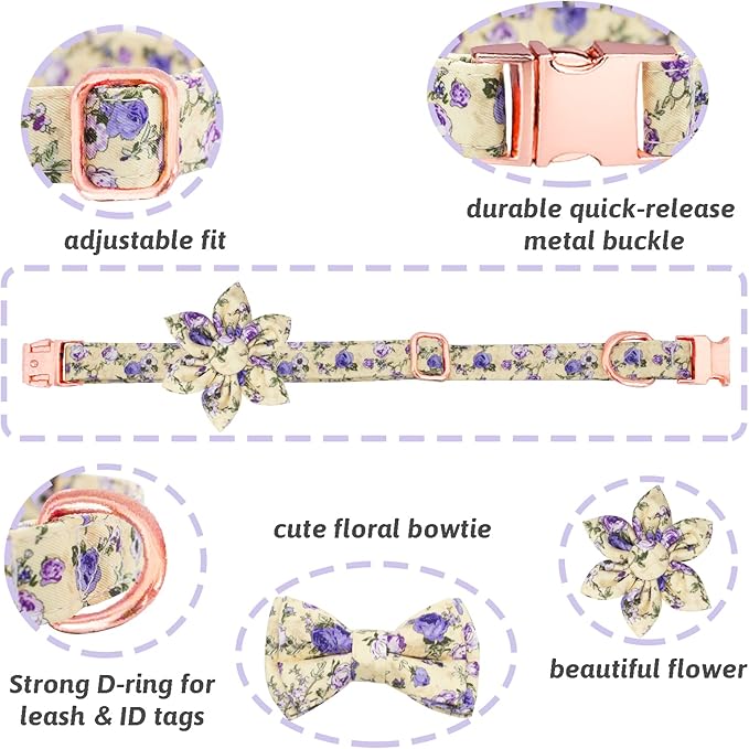 Dog Collar and Leash Set Girls Adjustable Puppy Collars with Floral Bow Tie for Small Medium Large Female Dogs, Purple Rose, L