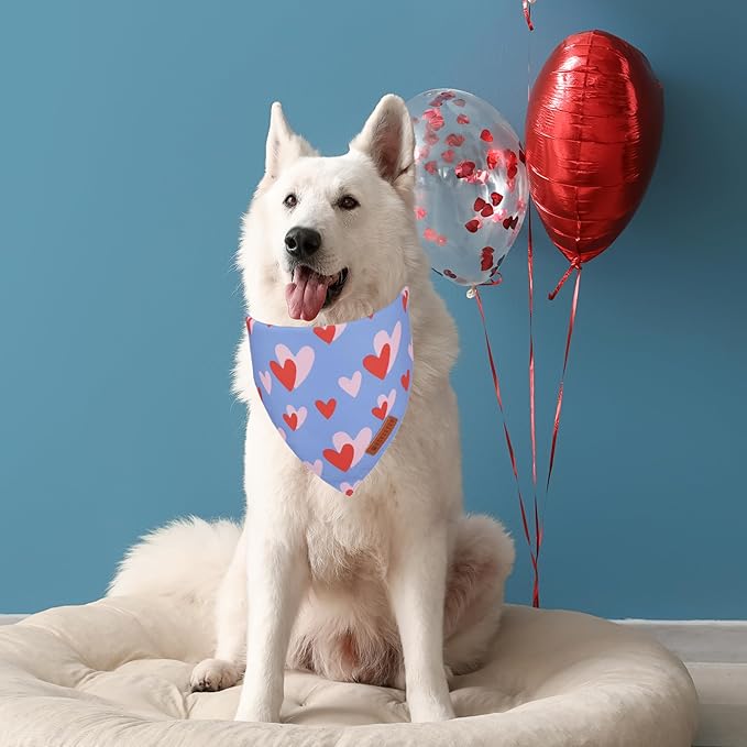 ADOGGYGO Valentine Dog Bandana, Blue Pink Heart Pet Scarf, Premium Durable Fabric, Adjustable Fit Pet Valentine Bandanas for Medium Large Dogs (Large)
