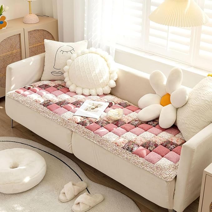 FUNNY FUZZY Pet Couch Covers for Sofa, Couch Covers for Dogs Washable Dog Couch Cover Protector Furniture Sofa Covers for Dog Handmade Pure Cotton Pet Bed Mat (Rose, 27.6"×59.1")