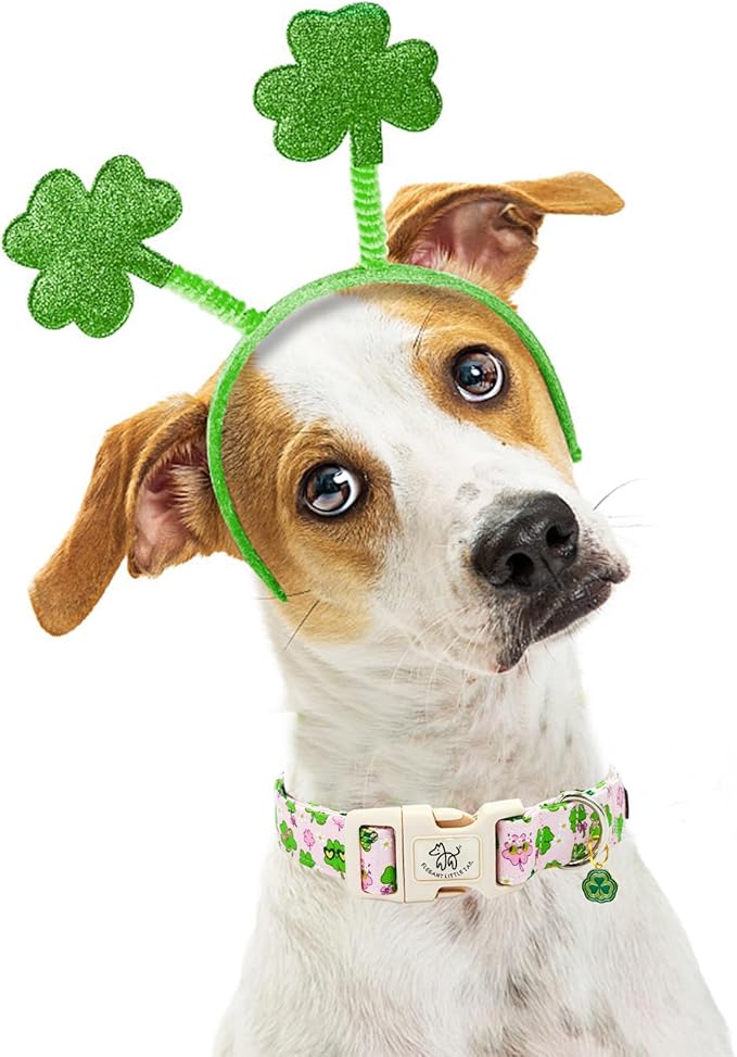 Elegant little tail St Patrick's Dog Collar-Cute Colver Cotton Shamrock Pet Collar Trefoil Pink Holiday Adjustable Cotton Pet Collar with Quick Release Buckle for Small Medium Large Dogs